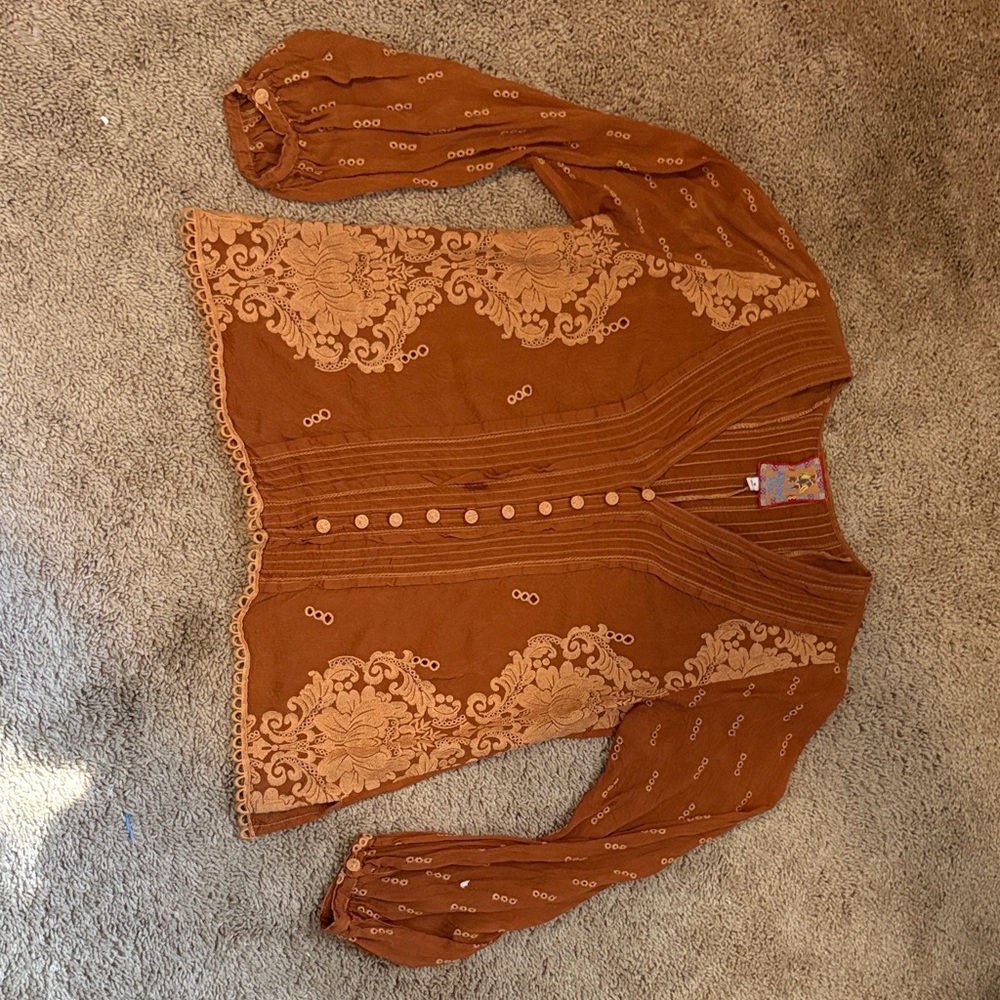Johnny Was Rust Embroidered Top